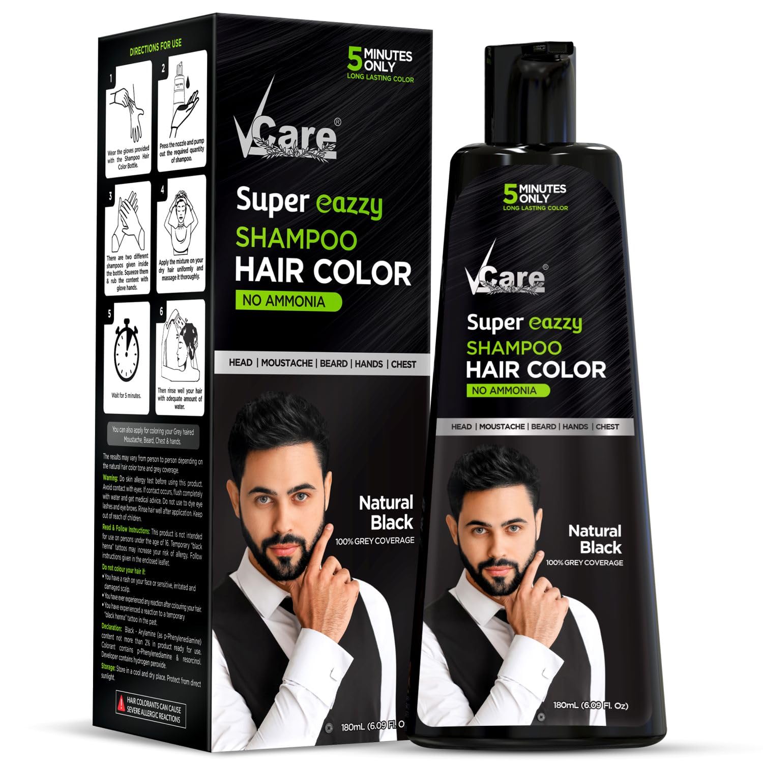 VCare Super Eazzy Hair Colour Shampoo for Women and Men 180 ml