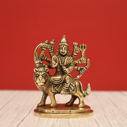 Exquisite Durga Parmeshwari Idol on a Lion in Brass for Dussehra Pooja - 3.2 inch Height