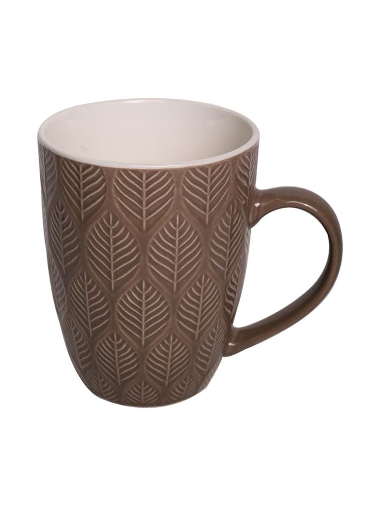 Beige Ceramic Mug - 360Ml, Leaf Pattern