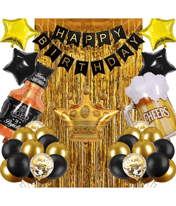 Jolly Party  Happy Birthday Banner Decoration Kit - 38Pcs Set for Boys Husband Balloons Decorations Items Combo with Cheers Mug Foil Balloon Crown Foil, Age Perfect, Metallic Balloons With Foil Curtain