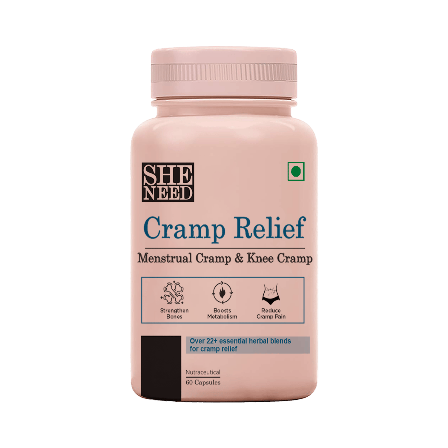 Sheneed Cramp Relief Supplement for PMS - free from Menstrual Cramp Relief and Bloating | Reduces Stress & Improves Mood | Supports a Healthy Pain and Stress-60 Capsules + Free Sheneed Feminine C