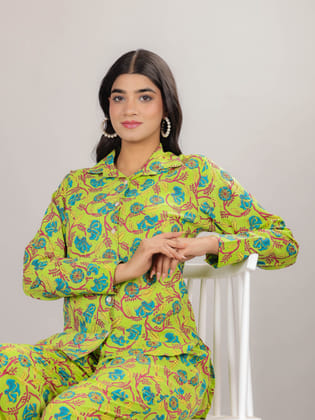 Floral Print on Green Cotton Shirt Set for Women-S