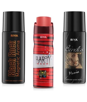 Riya Black Rock & Party Wear & Bindas Perfume Body Spray for Unisex 150 ml ( Pack of 3 )