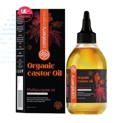 Careberry Organic Castor Oil, Cold Pressed & Hexane Free Oil for Hair Growth, Skin, Face, Eyelashes, Rich in Ricinoleic, Vitamin E & Omega 6&9, UKCert Certified Organic & Ayurvedic, 200 ml Careberry Organic Castor Oil, Cold Pressed & Hexane Free Oil for 