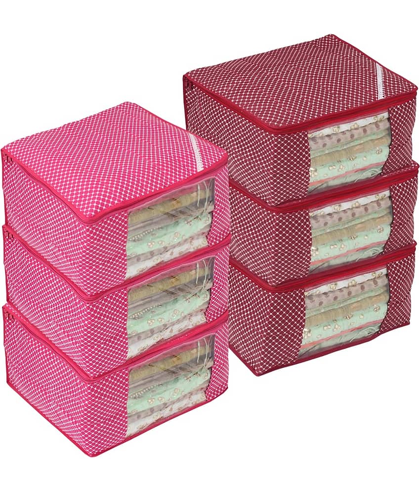 PrettyKrafts Cotton Saree Cover/Saree Bag/Storage Bag with Transparent Window, Extra Large, (Pack of 6) Pink and Maroon