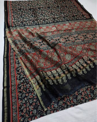 Goonj Chanderi Silk Sooty Black Ajrakh Printed Saree