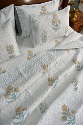 Yellow Poppy Handblock Cotton Bedding set (Super King (108*108 inches) bedsheet + King (90x108 inches) quilted bedcover)