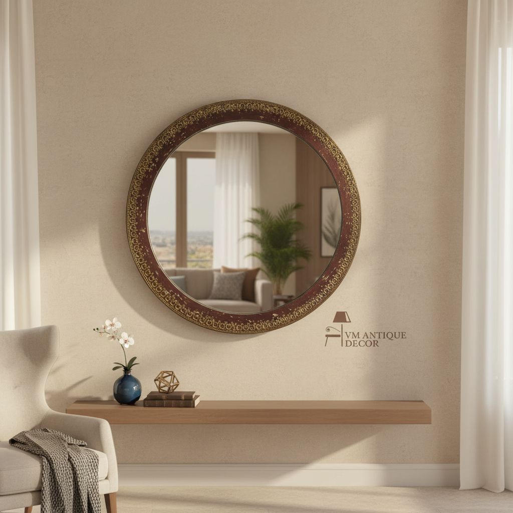 BAANMATA INTERNATIONAL Handicraft Distressed Wall-Mirror,Brass-Embossed Wooden Bedroom-Mirror,Home Living Showpiece Round-Mirror