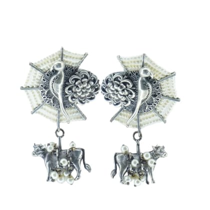 Oxidized Silver Earrings with Floral Design and Cow Motifs Oxidized Silver Earrings with Floral Design and Cow Motifs
