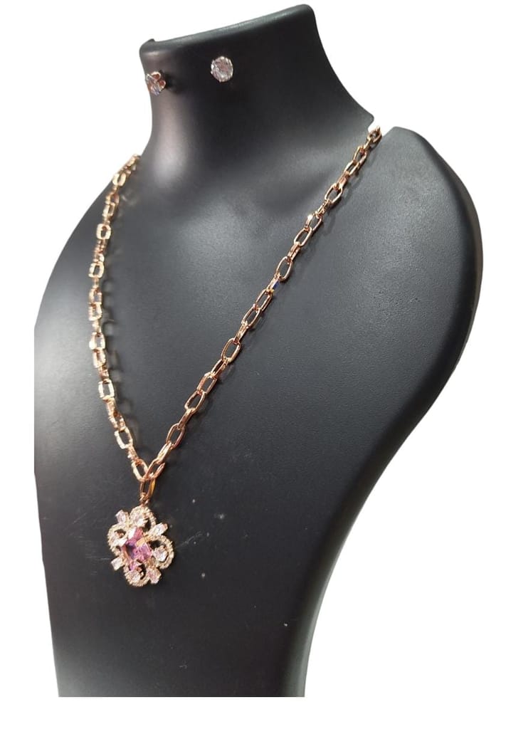Rose Gold Plated Floral Pendant Set with Chain and Earrings for Women