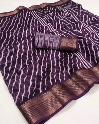 Graceful Purple Silk Saree with Modern Wave Design and Golden Border