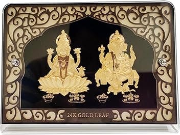 REAL SEED 24KT Gold Foil Laxmi Ganesh Acrylic Tabletop Frame in Premium Box | Frame Size - 15.50 x 12 x 3.5 CMS