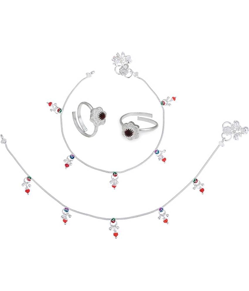 AanyaCentric Silver Plaed 1 Pair Anklet & 1 Pair Toe Ring Combo