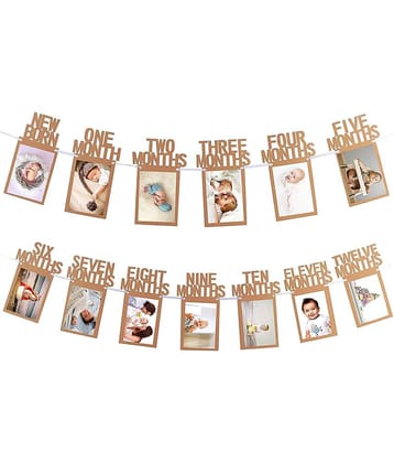 HK Balloons 1 to 12 Month Photo Banner for First Birthday Baby and Couple Banner with Front Side Photo Space (12 Month Banner- Beige) Banner  (8 ft, Pack of 12)