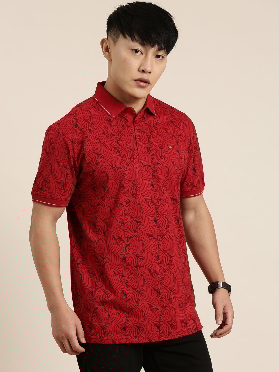 Red Printed Polo T-shirt-XL