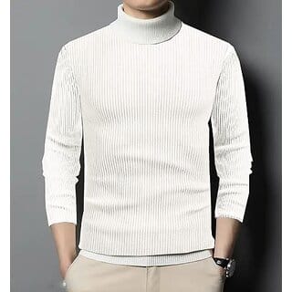 Fashlook Solid High Neck Wool Blend Casual White Full Sleeve T-Shirt For Mens