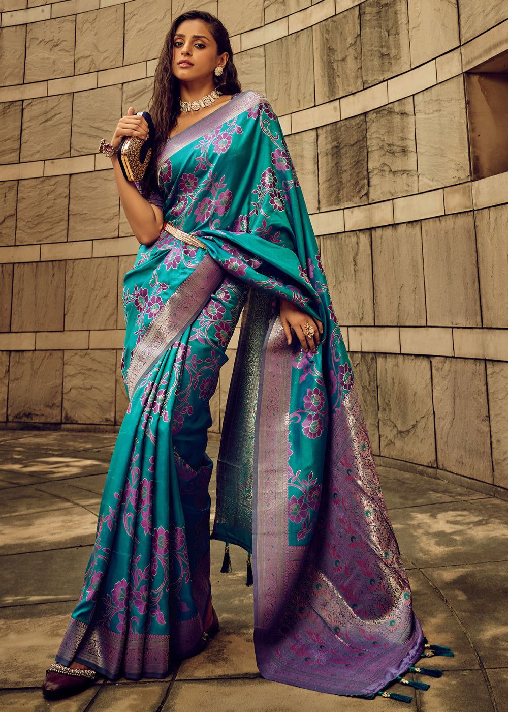 Peacock Blue Woven Satin Silk Banarasi Saree With Brocade Blouse