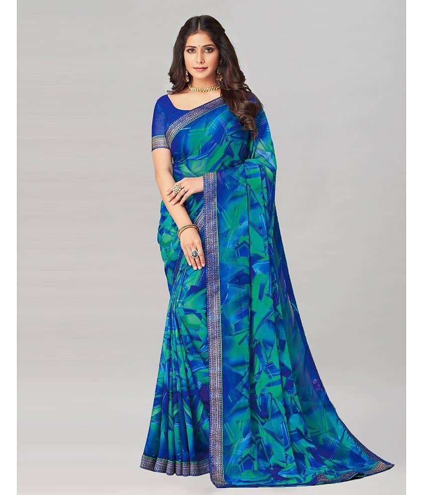 Satrani Chiffon Printed Saree With Unstitched Blouse Piece ( Green )