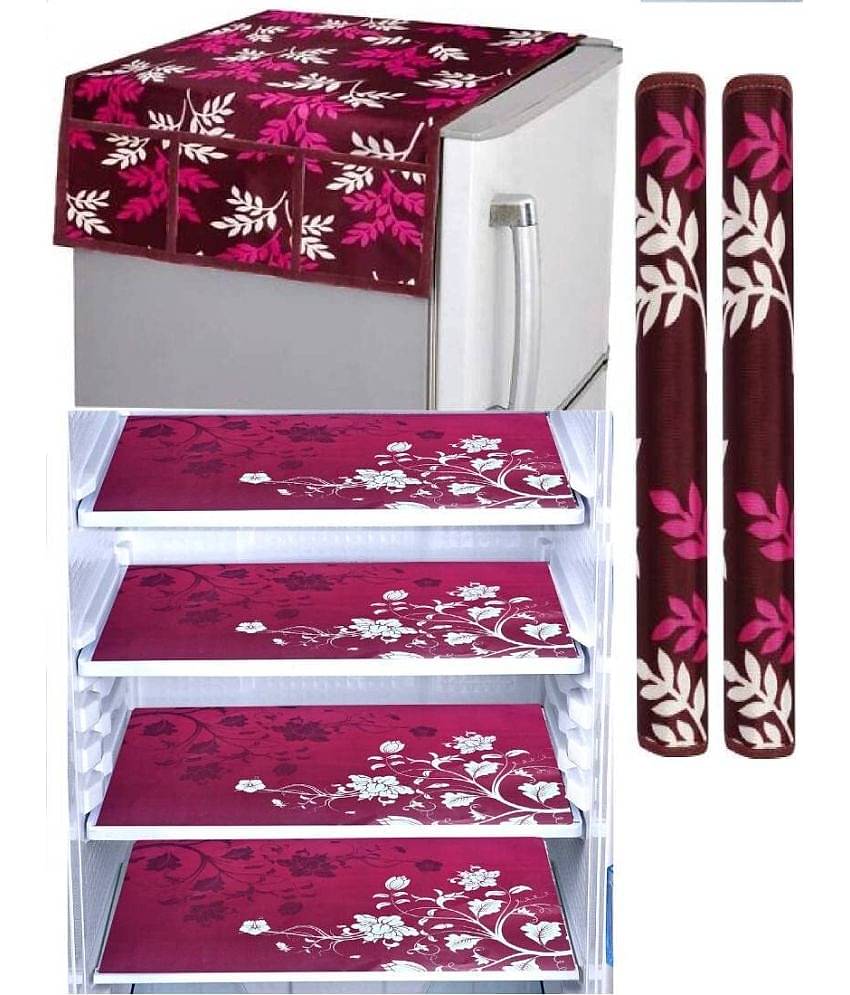 Crosmo Polyester Floral Printed Fridge Mat & Cover ( 64 18 ) Pack of 7 - Purple