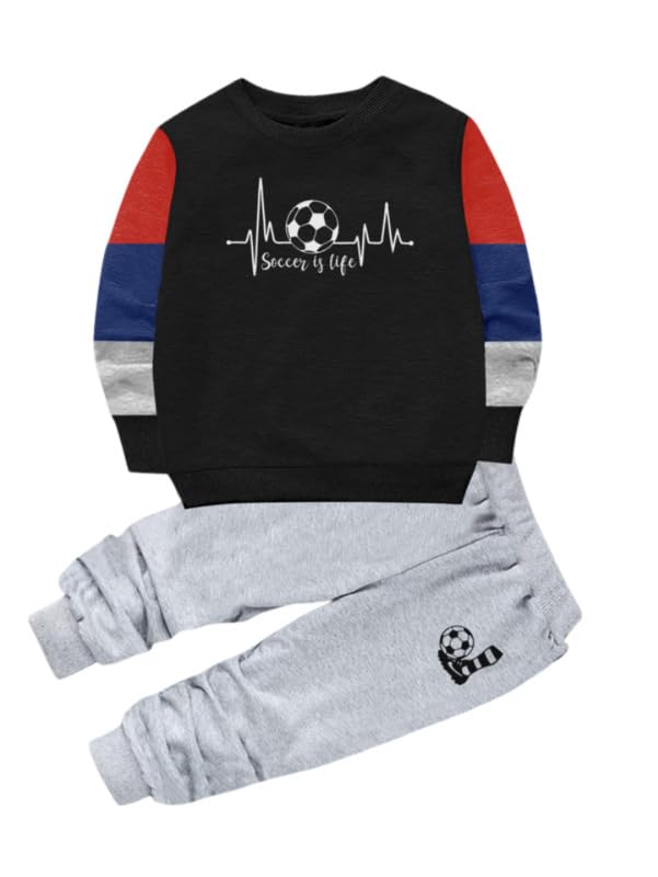 Boy's Casual Full Sleeve Printed Cotton T Shirt With Pant (Black, 9-10-Yrs)-PID49324