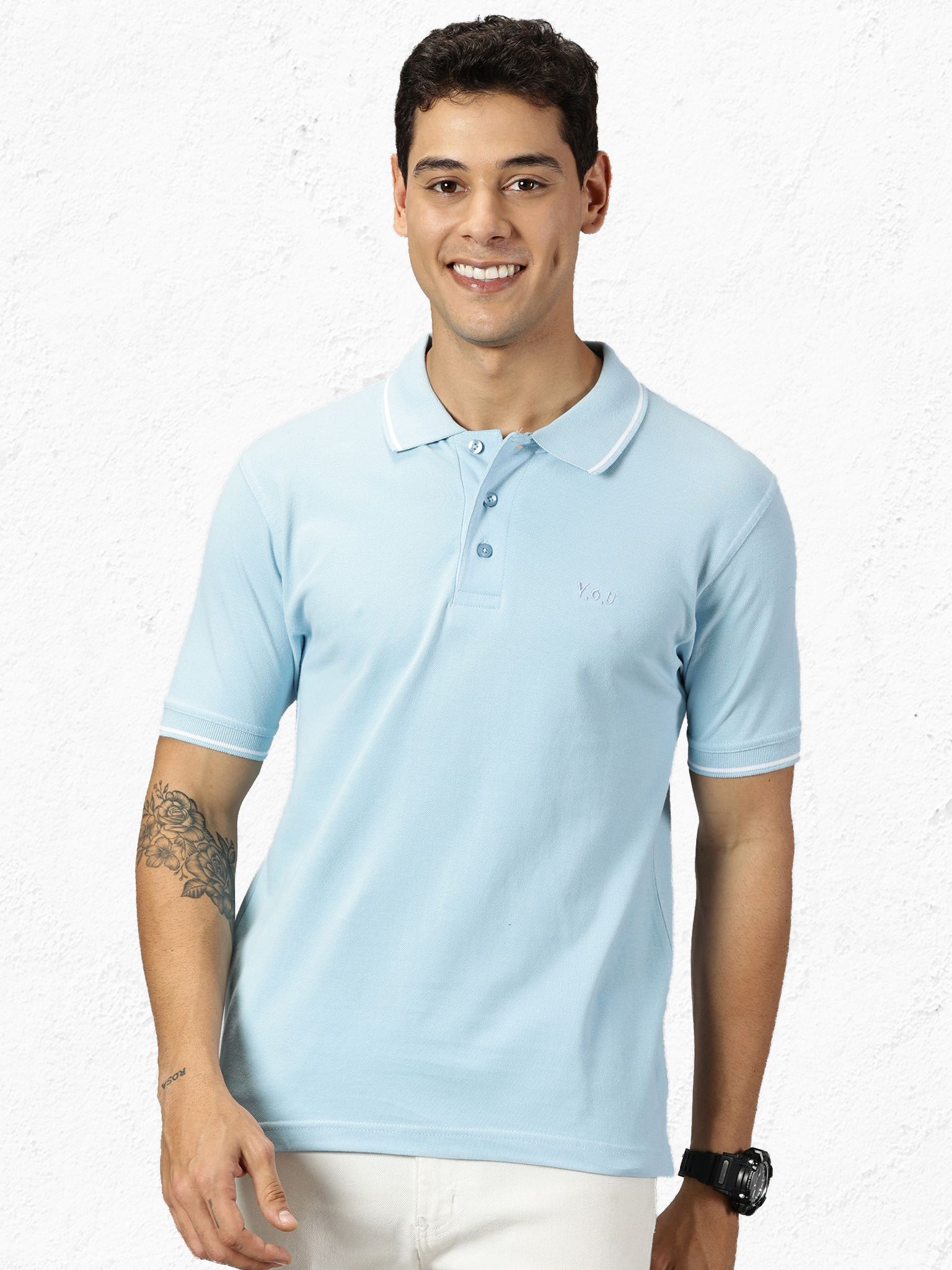 Pure Cotton Ice Blue Solid Polo