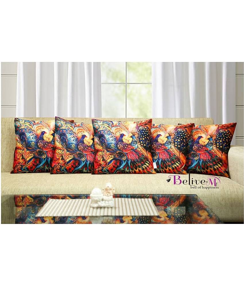 Belive-Me Set of 5 Jute Print Cushion Covers Peacock Ethnic Themed 40X40 cm (16X16 inch)