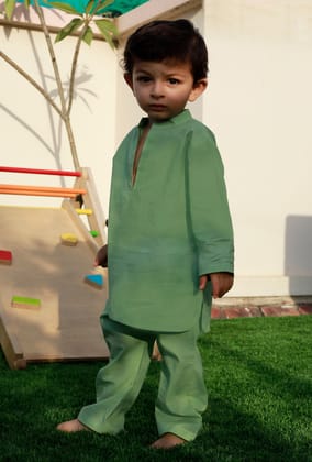 Set Of 2: Leafy Green Cotton Kurta And Green Pyjama-9-12M