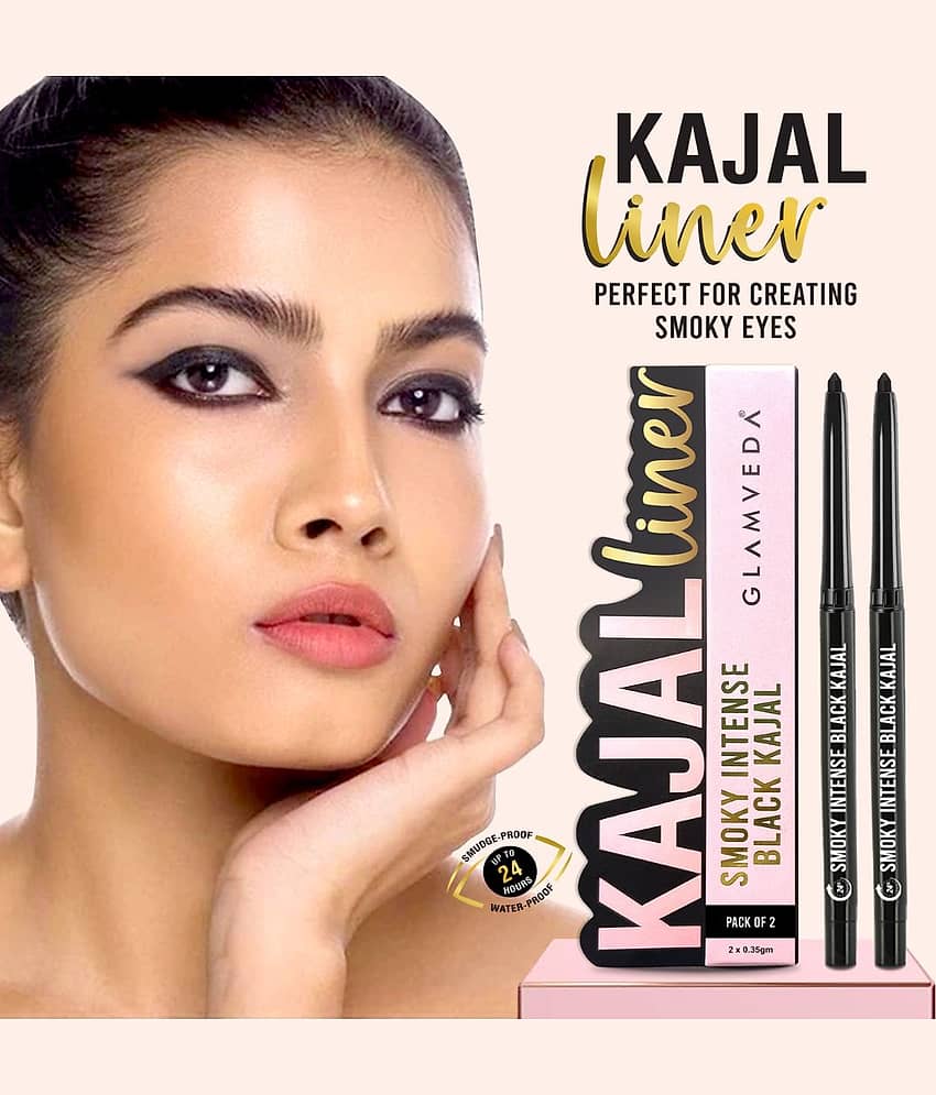 Glamveda Pencil Smoky Intense Black Kajal Liner24-Hour Long Stay, Waterproof, Smudgeproof, 0.7 each (Pack of 2)