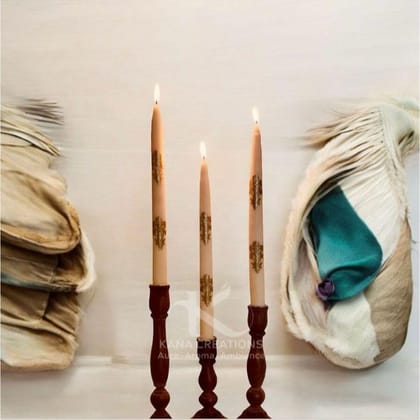 100% Pure Soy Taper Candles, 11” Tall, 18th Century Technique of Hand-Dipped, White/Ivory with Gold Motif, Unscented, Set of 3 – Elegant & Timeless for Dining, Events & Decor