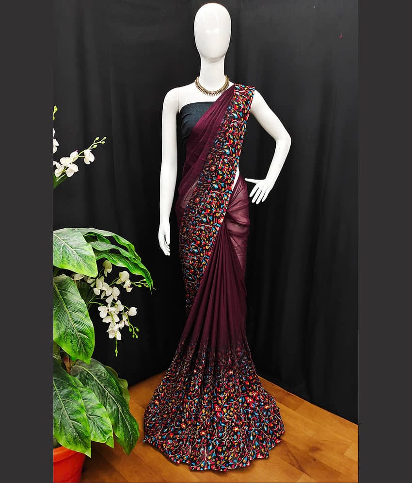 ANAND SAREES Georgette Printed Saree With Unstitched Blouse Piece ( Maroon )