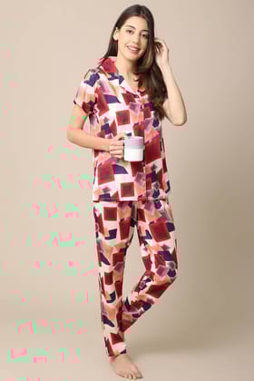 Multi Color Geometric Printed Viscose Rayon Nightsuit-m