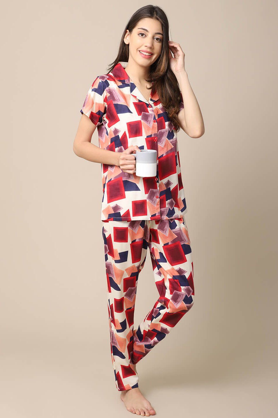 Multi Color Geometric Printed Viscose Rayon Nightsuit-m