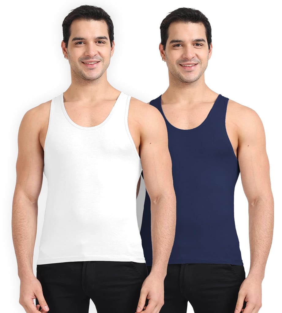 Freecultr Cotton Vest for Men Sleeveless Lightweight Solid Round Neck Comfort Vests Breathable & Comfortable Innerwear Sando for Man Regular Fit Pack of 2-Navy,White