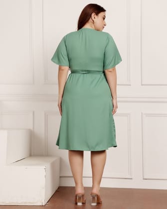 Green Solid Wrap Around Dress-L / Green