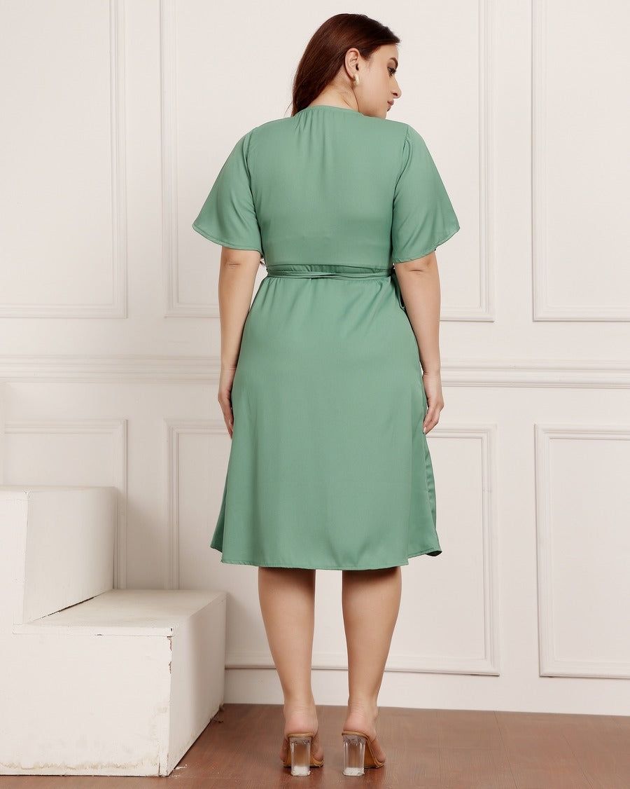 Green Solid Wrap Around Dress-L / Green