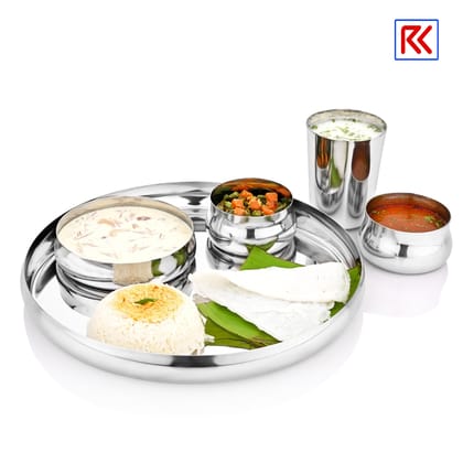 RK Riva Stainless Steel Deluxe Buffet Set 7 Pieces | Premium Dining Set with Thali, Bowls, Glass, Spoon & Fork | Mirror Finish | Ideal for Home & Gifting RK Riva Stainless Steel Deluxe Buffet Set 7 Pieces | Premium Dining Set with Thali, Bowls, Glass, Spoon & Fork | Mirror Finish | Ideal for Home & Gifting