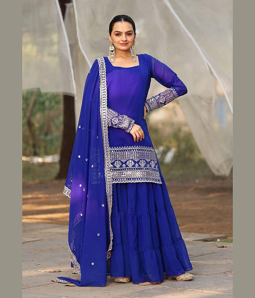 kedar fab Women Georgette Embroidered Straight Kurti With Sharara And Gharara ( Blue )