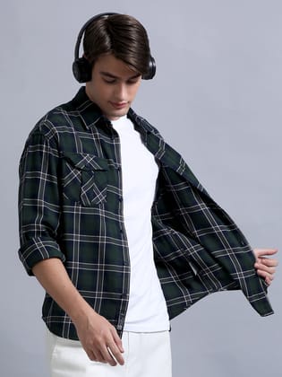Premium Men Shirt, Relaxed Fit, Yarn Dyed Flannel Check, Pure Cotton, Full Sleeve, Green-L / Green Checks