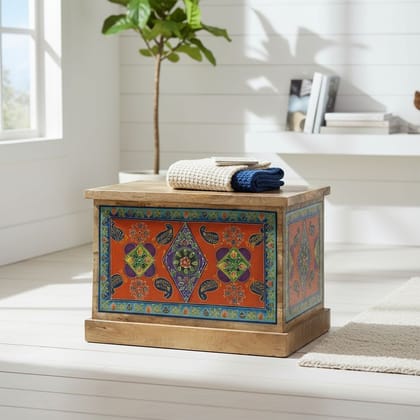 Wooden Solid Painted Handicraft Center Trunk Table | Storage Dowry Box