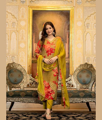 Vaamsi Silk Blend Printed Kurti With Pants Women's Stitched Salwar Suit - Green ( Pack of 1 )