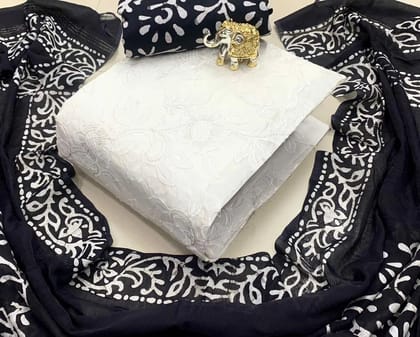 Chikankari work with Batik Print Dress Material (Unstitched)-Black