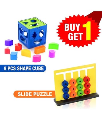 RAINBOW RIDERS Buy 1 Get 1 Combo (Plastic Shape Sorter Cube Block 9 Pcs Toy + Montessori Slide Puzzles - Brain Game)  Multicolor Baby Activity Toys For Boys Girls 2,3,4,5,6+ years