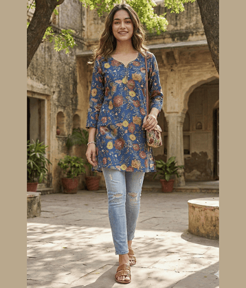 Wonder Weaves Women 100% Cotton Printed Straight Kurti ( Blue )