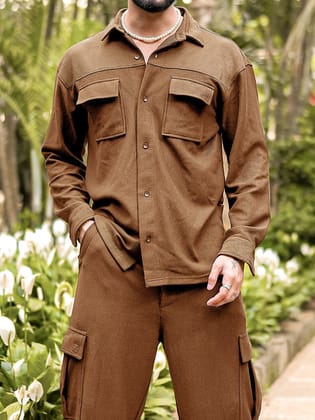 Cord Knit Textured Brown Double Pocket Co-Ords-S / Brown
