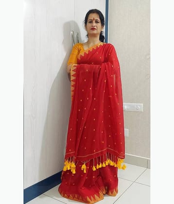 SARADA HANDLOOM Cotton Printed Saree With Unstitched Blouse Piece ( Red )