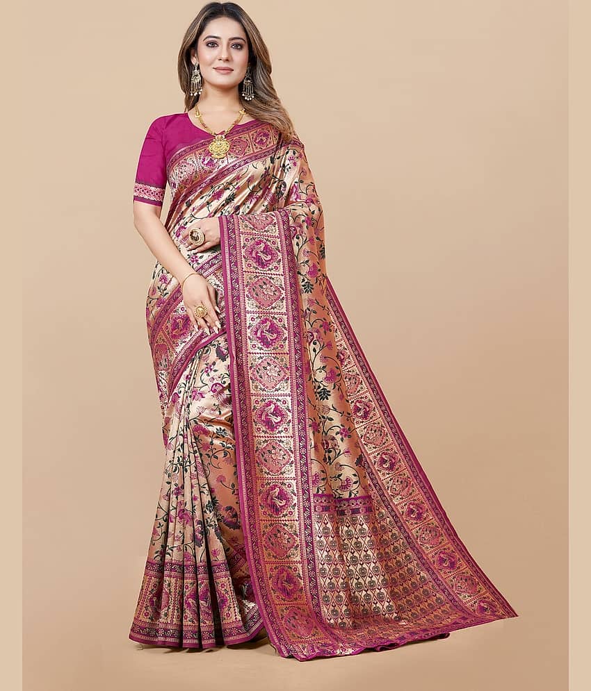 Gazal Fashions Banarasi Silk Woven Saree With Unstitched Blouse Piece ( Purple )