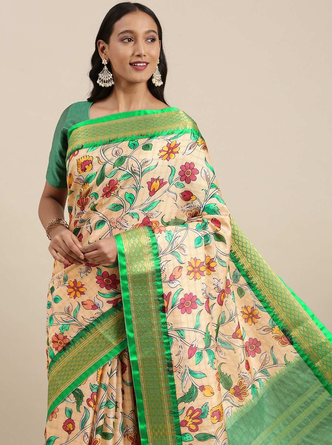 Yavira silk Women's Green Printed Silk Blend Saree