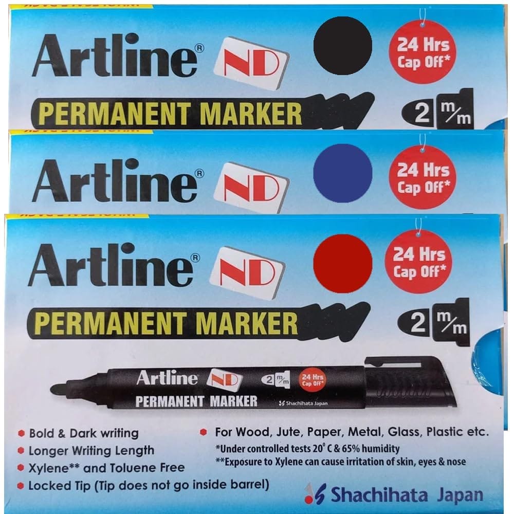 Artline ND Permanent Marker Pack of 10 (Black, Blue, Red Colours) | For Writing On Various Surfaces Such As Paper, Cardboard, Plastic, Metal, Glass, & More