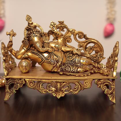 Brass Reclining Seth Ganesh on Singhasan - Symbol of Prosperity, Peace, and Protection-Home Decor