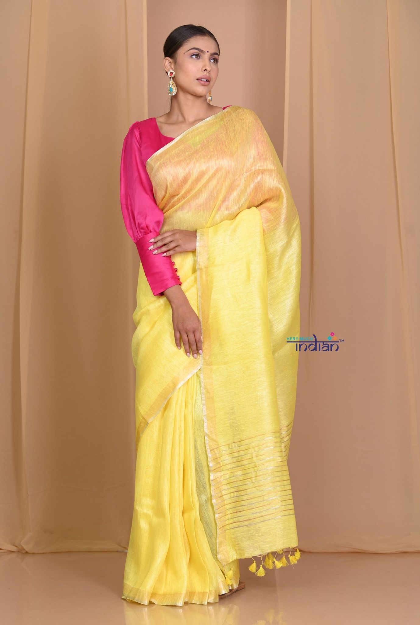 Pehal ~ Fresh Yellow Pure Linen Silk With Sleek Border